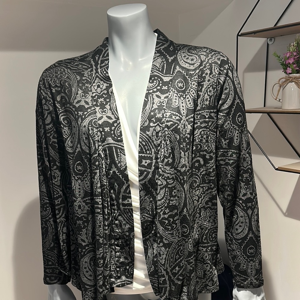 Dress Barn Black and Gray Paisley Cardigan